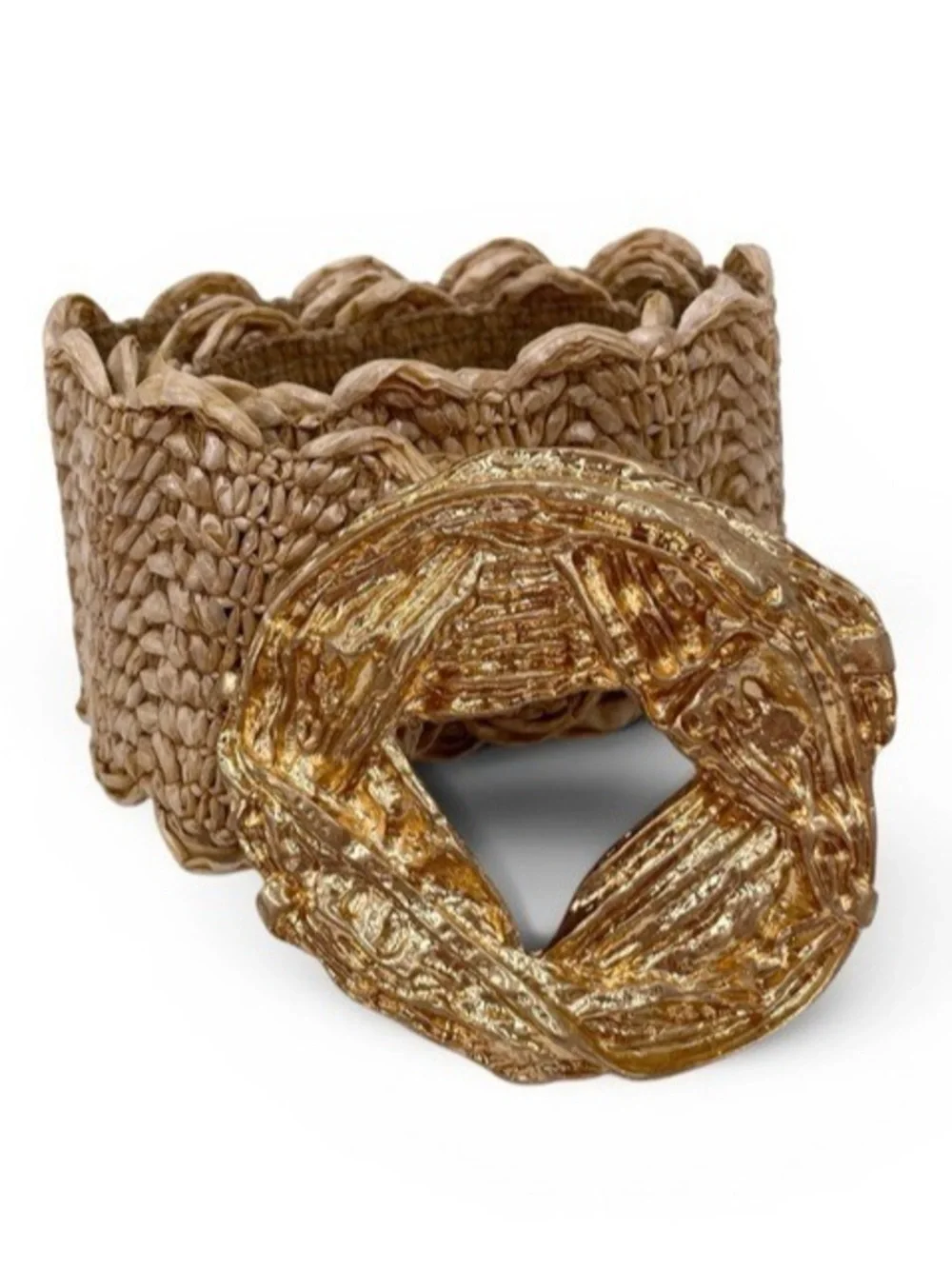 Zara NWT Metallic Gold Woven stretch Waist Belt Textured Round Buckle -size 30